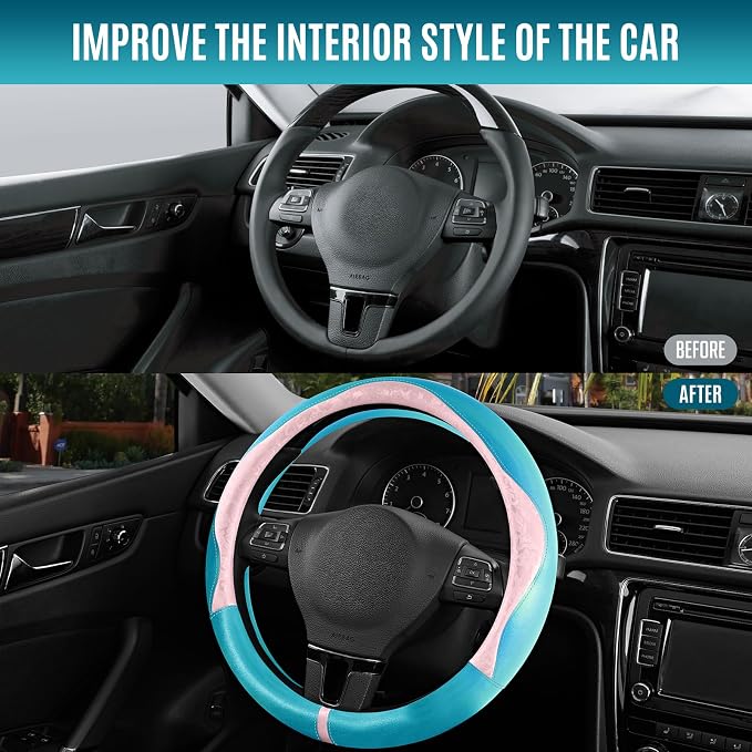 Steering Wheel Cover, Pink Patterned & Blue Leather Patchwork Design, Universal Fit 14.5"–15.5", Anti-Slip, Odor-Free, Soft PU Grain Leather, Durable Grip Car Accessory for Girls & Women