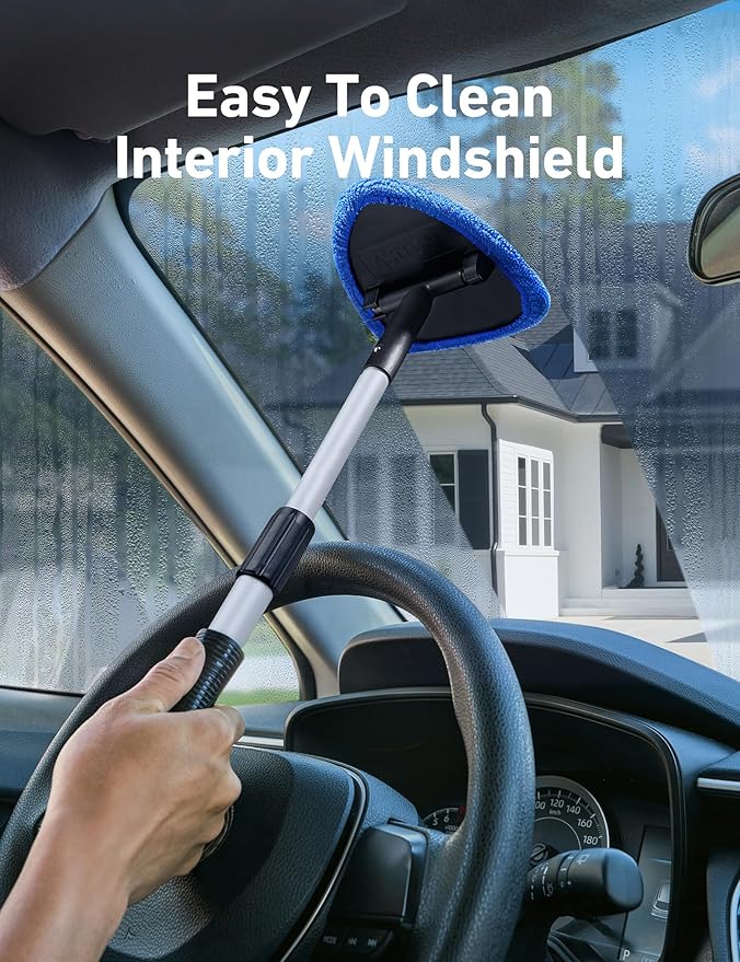 32" Ultra-Long Windshield Cleaner Tool, Car Interior Window Detailing Cleaning Kit with Extendable Handle and 4 Upgraded Reusable Microfiber Pads, Auto Glass Wiper Brush Kit for Car&Home, Blue