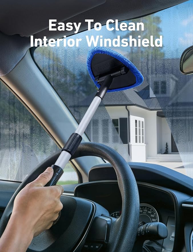 21" Extra-Long Windshield Cleaner Tool, Car Interior Detailing Cleaning Kit with Extendable Handle and 4 Upgraded Reusable Microfiber Pads, Auto Glass Wiper Brush Kit for Cars, Blue, 2 Pack