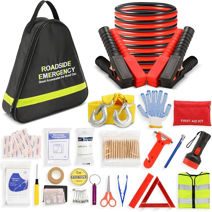 20PCS Car Emergency Kit with Jumper Cables, Roadside Safety Emergency Car Kit for Vehicle Truck Motorcycle - Gifts for Men Women Teenagers, Easy Storage(Black)