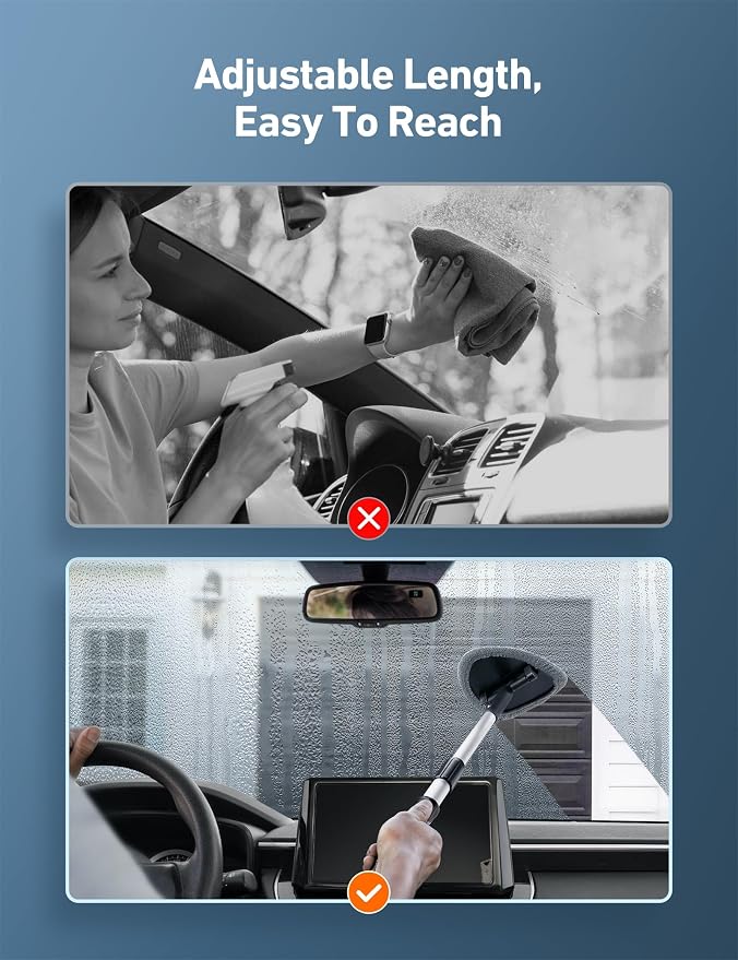 21" Extra-Long Windshield Cleaner Tool, Car Interior Detailing Cleaning Kit with Extendable Handle and 4 Upgraded Reusable Microfiber Pads, Auto Glass Wiper Brush Kit for Cars, Gray