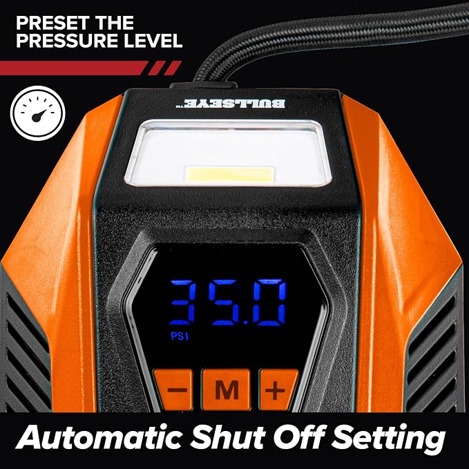 Bullseye 12V DC Car Tire Inflator Portable Air Compressor - Rapid 2 Minute Inflation, Auto Shut-Off, Max 150 PSI, Easy Cord Storage, Digital Pressure Gauge, LED Display (Orange) - As Seen on TV