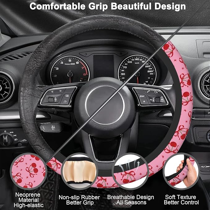 Cherry Steering Wheel Cover,Red Bow with Cherry 2 PCS Car Coasters Pink 14.5-15 Inch Neoprene Steering Wheel Cover,Anti-Slip Breathable Car Accessories Fits Auto Interior Decor