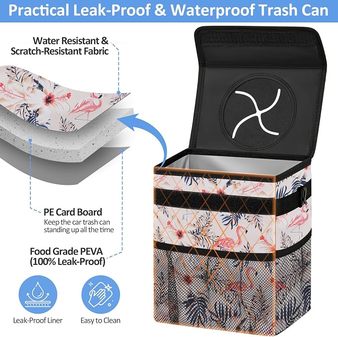Car Trash Can Bin for Back Seat Leak Proof, Cute Car Trash Bag Hanging, Vehicle Trash Can for SUV Truck Van, Automotive Garbage Cans Front Seat Flamingos, 2 Gallons