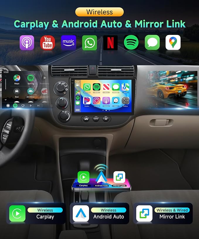 4G+128G Car Radio for Honda Civic 2001-2005 Stereo 9 inch in-Cell Touch Screen Wireless CarPlay/Android Auto Android 15 Bluetooth DSP FM/RDS GPS WiFi SWC AHD Backup Camera