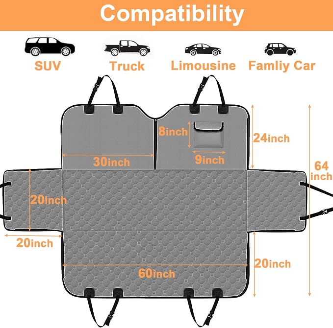 Dog Car Seat Cover for Back Seat, 2026 Upgraded 600D Heavy Duty Waterproof & Scratch-Resistant Dog Hammock for Car, Back Seat Pet Cover for Dogs with Sedan, Trucks and SUVs, Standard, Grey