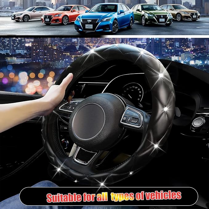 Black Steering Wheel Cover 2026, Auto Cute Girly Diamond Bling Comfort Leather Car Interior Accessories Protector Sparkly Automotive Decoration for Women Men