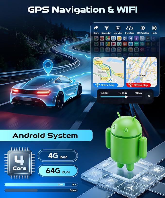 4G+64G Android 15 Car Stereo for Toyota Yaris 2007-2014 with Wireless Carplay Android Auto, 9'' in-Cell Screen Head Unit with GPS/Bluetooth 5.0/FM RDS/EQ/5G-WiFi Mirror Link Backup Camera SWC