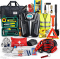 Car Emergency Kit, Roadside Assistance Emergency Car Kit Jumper Cables, Road Trip Essentials, Auto Vehicle Car Safety Kit with Digital Air Compressor Tire Inflator, Reflective Warning Triangle