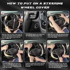 D Shaped Steering Wheel Cover, Flat Bottom Car Wheel Cover 14 1/2-15 in. (37-39 cm), Black and Beige Microfiber Leather