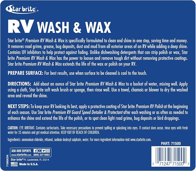 RV Wash & Wax - Concentrated Cleaner - Cleans & Shines in One Easy Step + Repels Future Stains & Protects from UV Damage 128 Oz (71500)