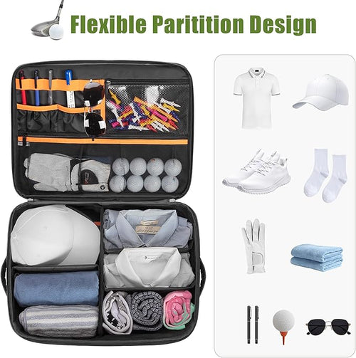 2 Layer Golf Trunk Organizer, Golf Car Storage Organizer with Individual Ventilated Compartment for 2 Pairs Shoes, Golf Car Locker for Balls, Clothes, Tees, Gloves, Accessories (Black)
