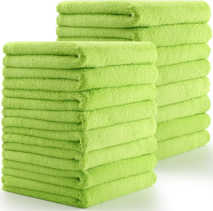 16 Pcs Car Microfiber Towels Buffing Drying Wash Cleaning Cloths Plush Large Towels Thick Care Polishing Detailing Waxing Scratch Proof Towel, 15.75 x 15.75 Inch (Light Green)