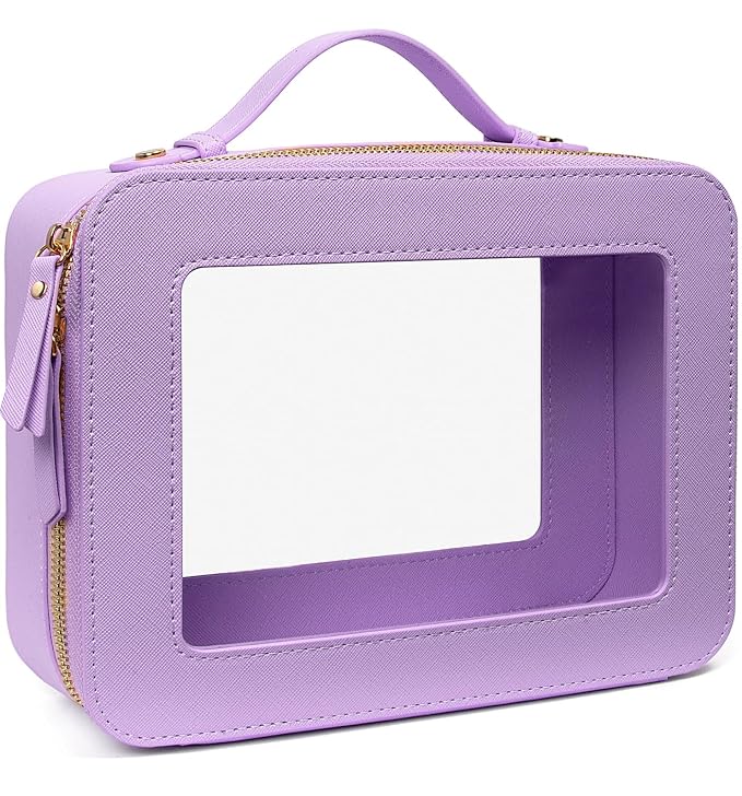 Clear Sunscreen Makeup Bag Organizer,Travel Toiletry Bag Cosmetic Case for Women,Portable Beach Make Up Skincare Pouch Car Organizer Bag with Zippers for Essentials(Large-Purple)