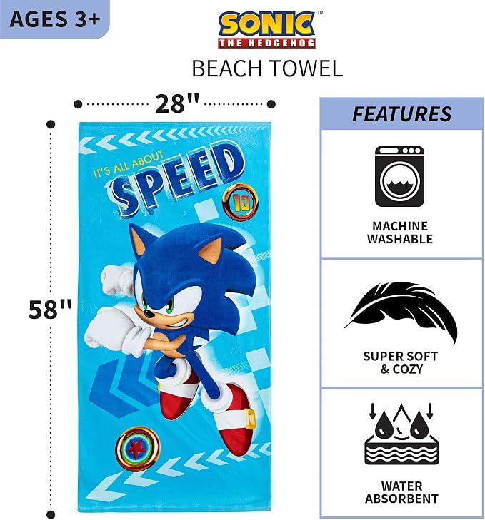 Sonic The Hedgehog Recycled Polyester Beach Towel, 58 in x 28 in, Ready to Run Pattern