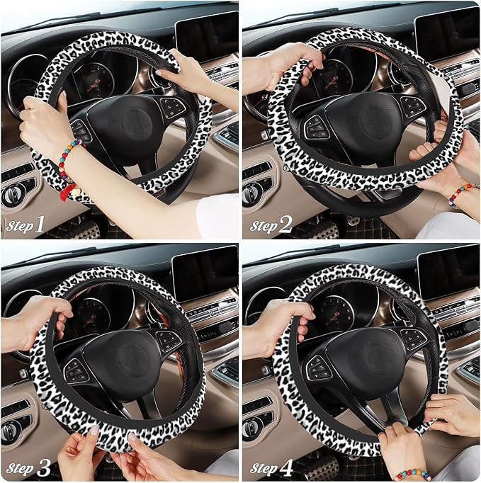 Leopard Steering Wheel Cover,Cheetah Print 2 PCS Car Coasters Leopard 14.5-15 Inch Neoprene Steering Wheel Cover,Anti-Slip Breathable Car Accessories Fits Auto Interior Decor
