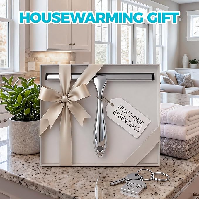 2pcs Shower Squeegee for Glass Doors with Adhesive Hanging Hook Set | 12” silver, bathroom accessories, window cleaner, new home essentials, soft rubber blade, metal handle, ergonomic grip