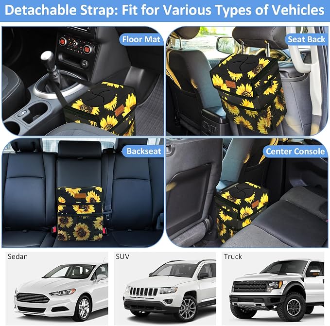 Car Trash Can Bin for Back Seat Leak Proof, Cute Car Trash Bag Hanging, Vehicle Trash Can for SUV Truck Van, Automotive Garbage Cans Front Seat Sunflower Floral