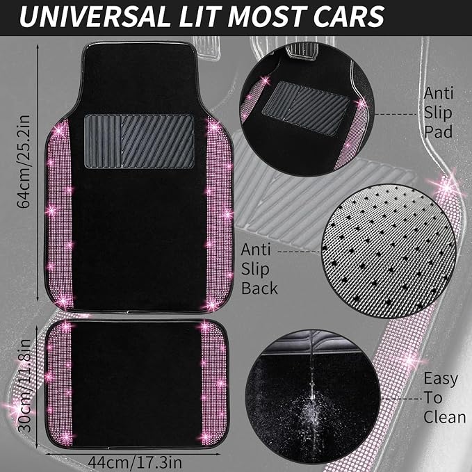 12 Pcs Bling Car Accessories Set for Women Car Floor Mats Full Set Steering Wheel Cover Seat Belt Covers Coasters Universal Fit Car SUV Truck Van Pink