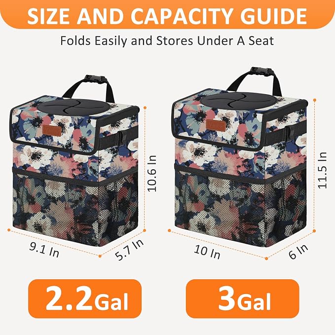 Car Trash Can for Car Cute, Trash Bag Bin Hanging Waterproof Automotive Garbage Cans Leak Proof Vehicle Trash Can Painting Floral