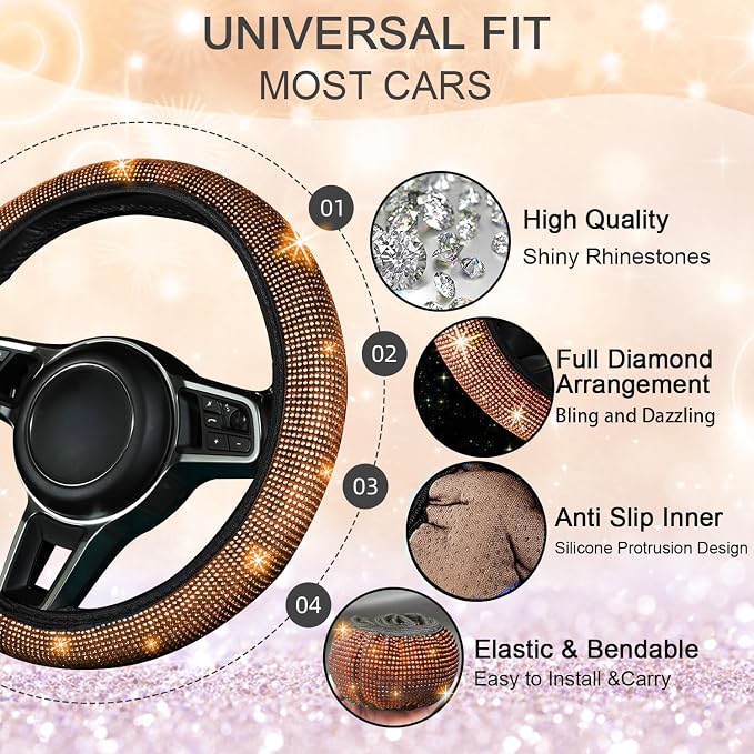 8 pcs Orange Bling Car Accessories Set for Women, Steering Wheel Cover, Sparkly Seat Belt Covers, Bling Gear Shift Cover, Universal Fit Most Cars (Orange Diamond)