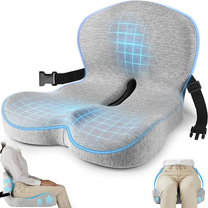 Truck Seat Cushion, Memory Foam Trucker Seat Cushion for Truck Driver Long Sitting with Adjustable Strap, Back Support and Pain Relief for Trucker Driving Office Chair and Pain, Light Gray