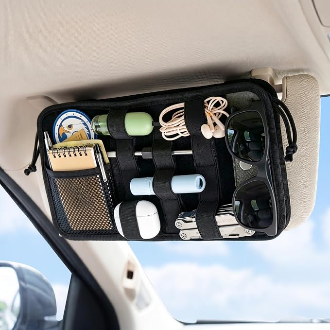 Car Sun Visor Organizer, Heavy Duty MOLLE Storage Pouch with Zipper Pockets, Elastic Straps and Glasses Clip, 1000D Nylon Tactical Visor Organizer for Car/SUV/Truck