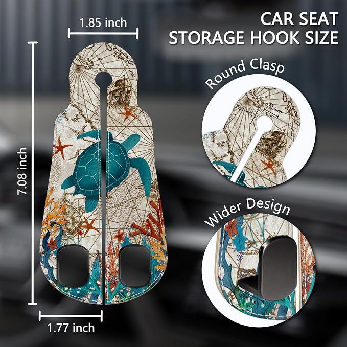 2PCS Car Seat Back Storage Headrest Hooks, Sea Turtle Purse Holder Bags Hanger, PU Leather Double Metal Hook for Backseat Organizer, Women Car Accessories Organization