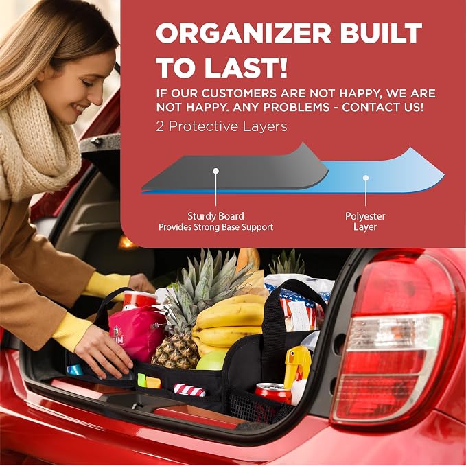 Car Organizers and Storage Premium Adjustable Multi Compartments Car Storage Organizer | Portable and Foldable SUV Trunk Organizer for Car (Standard Size, 20.86"L x 13.4"W x 10"H )-Black