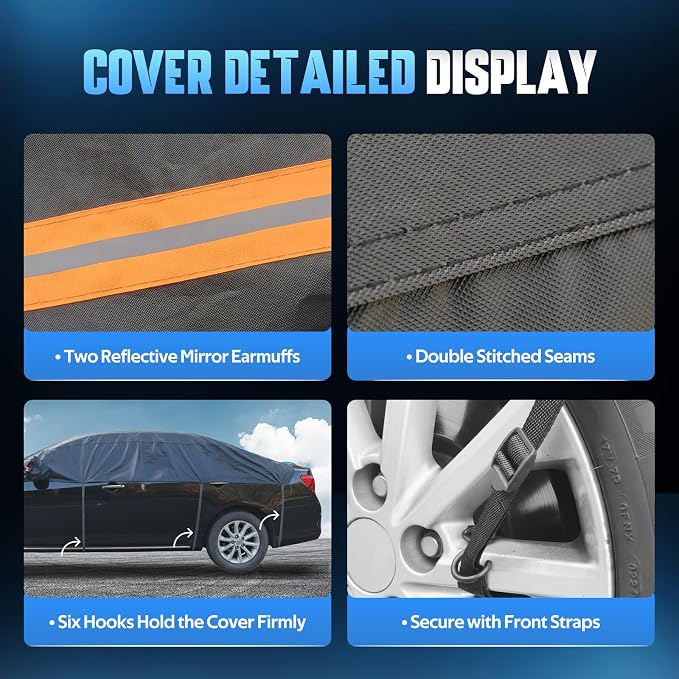 Half Car Cover Top for SUV/Jeep/4×4, Windshield Cover for Ice and Snow, Roof Car Cover Waterproof All Weather with Reflective Strips and Side Elastic Hooks. H4 (Up to 143 inch)