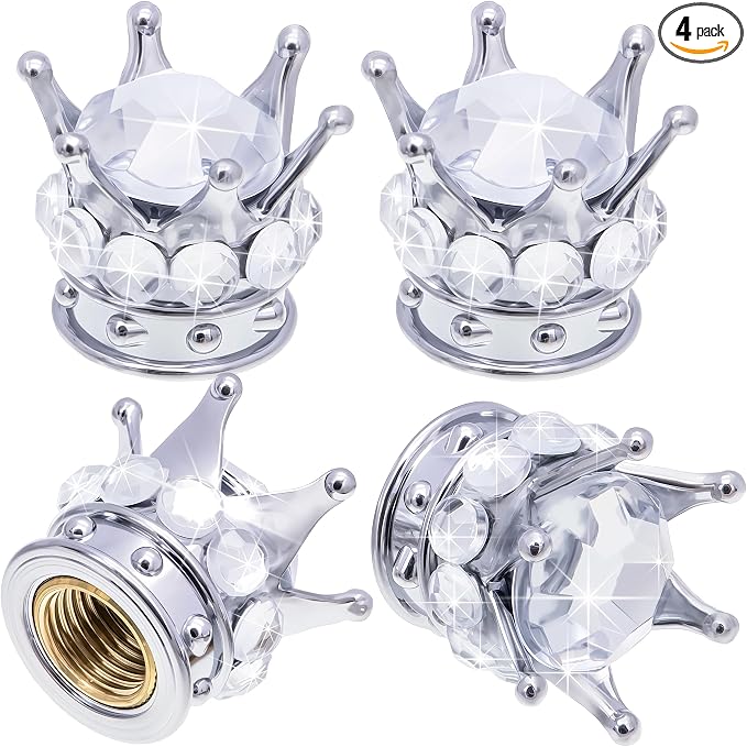 4PCS Crown Bling Tire Stem Valve Caps, Crystal Diamond Car Wheel Tire Valve Caps Universal Copper Core Stem Covers for Cars, SUV, Trucks, Bikes, Motorcycles, Bicycles (Silver)