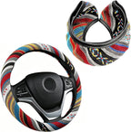 Boho Flax Cloth Steering Wheel Cover, Hippie Baja Blanket Anti-Slip Breathable Protector, Universal Fit 14.5-15 Inch for Cars SUV Van Truck, Women Car Interior Accessories (Style A)