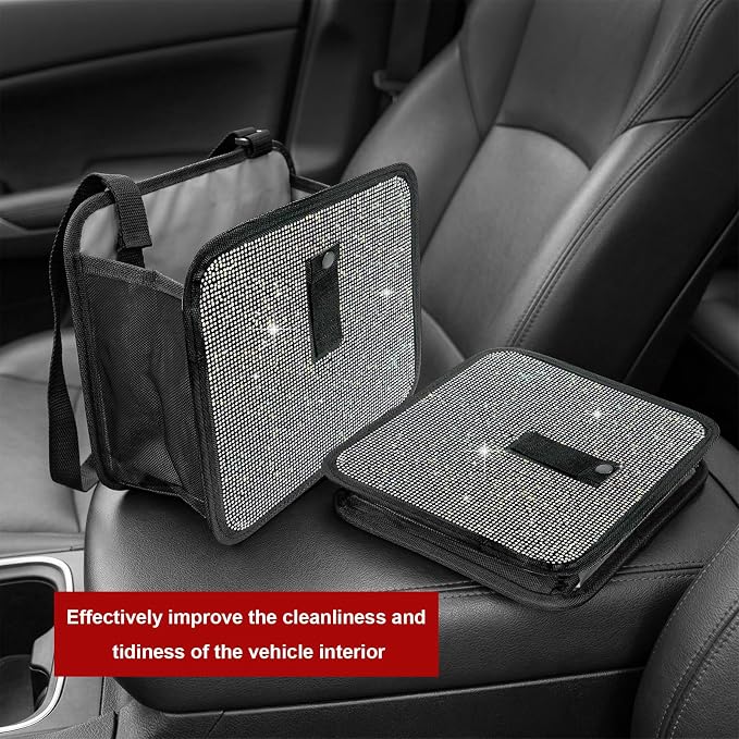 Bling Car Trash Can with Rhinestone, Sparkling Foldable Auto Garbage Container Hanging Back Seat Organizer, Crystal Dustbin Leakproof Garbage Can for Vehicle Home Office (Colorful)
