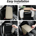 Car Center Console Cover, Leather Car Armrest Cushion with 2 Storage Pockets, Universal Waterproof Cushion Pad, Non-Slip Car Interior Accessories, Fits Most Sedans SUVs Trucks (Light Beige)
