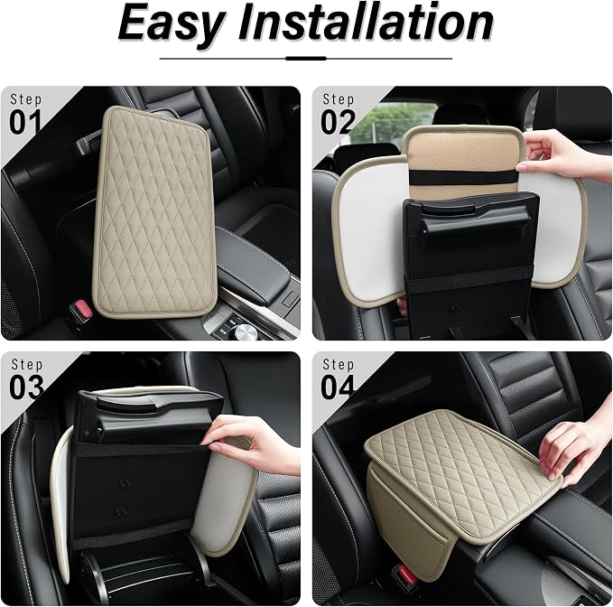 Car Center Console Cover, Leather Car Armrest Cushion with 2 Storage Pockets, Universal Waterproof Cushion Pad, Non-Slip Car Interior Accessories, Fits Most Sedans SUVs Trucks (Light Beige)