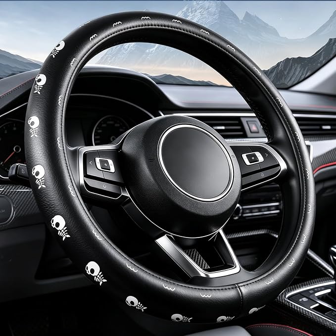 Skull Pattern PU Leather Steering Wheel Cover, Non-Slip Neoprene Lining, Universal Fit 14.5-15 Inch for Car, Truck, SUV