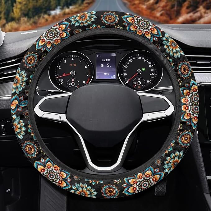 Bohemia Flower Steering Wheel Covers 14-15" inch Universal Fit Most Car Sedans SUVs Comfort Grip Comfortable Handmade Breathable Steering Wheel Protector
