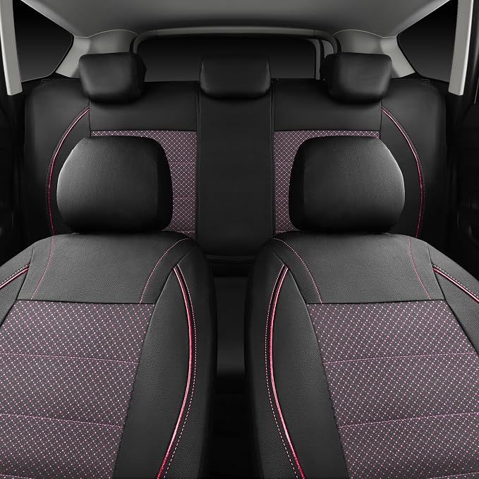 Piping PU Leather Car Seat Cover Full Set,Inside Zipper Design and Reserved Opening Holes，Airbag Compatible,Universal FIT for Car, SUVs,Van,Trucks（Full Set, Black & Pink）