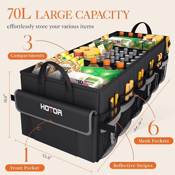 Trunk Organizer - Car Organizer with 5 Pockets, Trunk organizer for SUV, Sedan & Van, Car Organization with Sturdy Base Panel for Car Accessories, Black, 3 Compartments, 31.89"×12.6"×10.6"