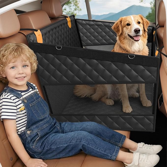Large Dog Car Seat, Back Seat Extender for Dogs with 3 Mesh Windows, Waterproof Medium Carseat for Dogs with Hard Bottom, Pet Seat Cover for Cars, Trucks and SUVs