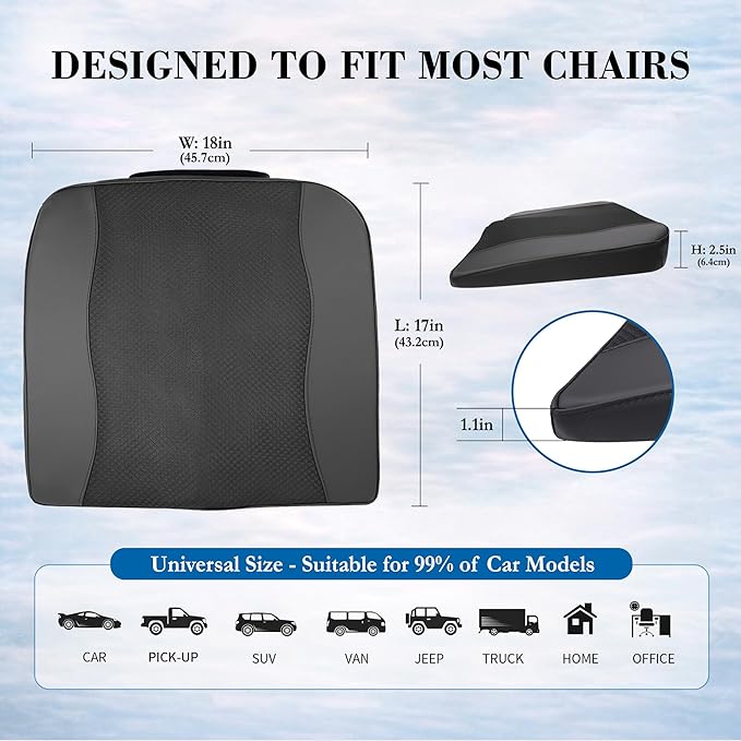 Car Seat Cushion, Comfort Memory Foam Car Cushions for Driving - Sciatica & Lower Back Pain Relief, Driver Seat Pillow for Auto, Office Chair, Wheelchair - Black