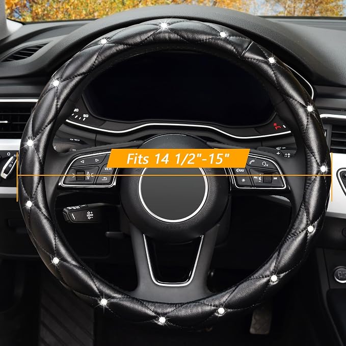 Diamond Soft Leather Steering Wheel Cover with Bling Bling Crystal Rhinestones, Universal 15 inch Anti-Slip, Car Interior Accessories for Women Girls, Black