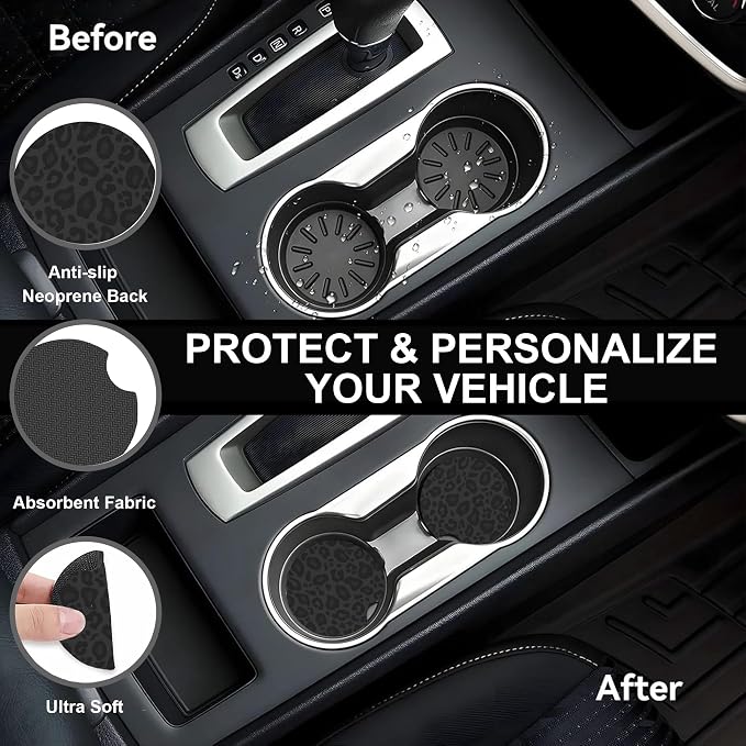 Black Leopard Steering Wheel Cover with 2 PCS Cup Coasters for Car,Black Cheetah Print 15 Inch Non-Slip Neoprene Steering Wheel Covers,Breathable Car Accessories Fit for Men Women