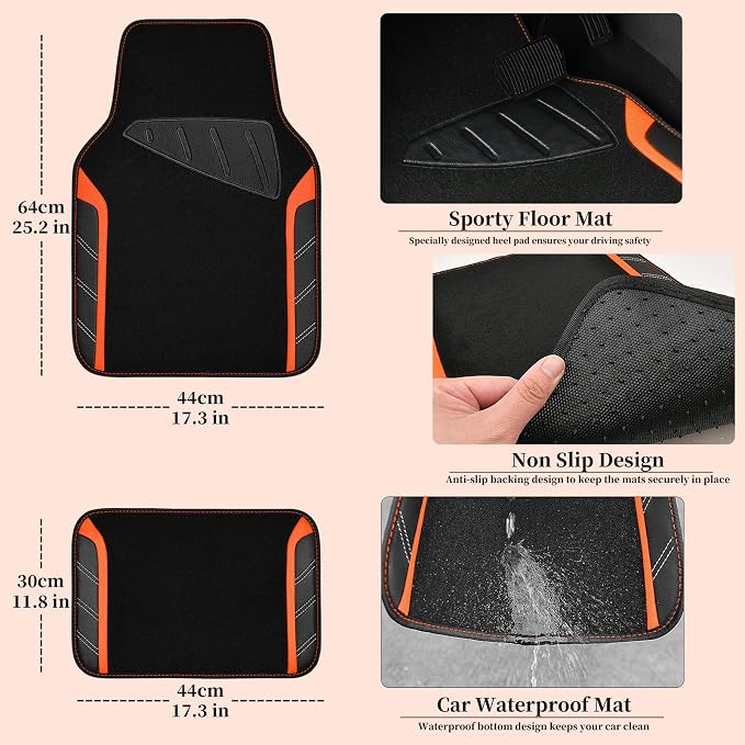 Leather Steering Wheel Cover and Waterproof Car Floor Mats,Microfiber Universal Car Combo Fit for 95% Sedan SUV Van Truck,14.5-15inch Sporty Anti-Slip Safety Comfortable Design, Black＆Orange