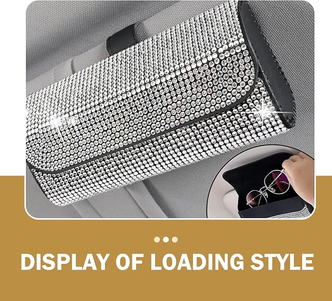Bling Sunglasses Holder for Car Sun Visor, Rhinestone Auto Eyeglasses Mount Clip Organizer, Leather Sunvisor Sunglasses Storage Case, Universal Glasses Holder Clips for SUV, Sedan, Van (White)