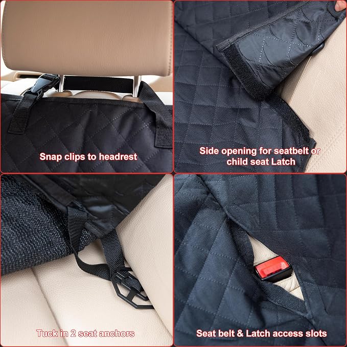 Dog Car Seat Cover, Back Seat Cover for Dogs Pet Car Seat Protector Waterproof Bench Car Seat Cover, Non-Slip Rear Seat Cover with 4 Safety Belt Openings for Safe Travel, Fits Cars Trucks SUVs