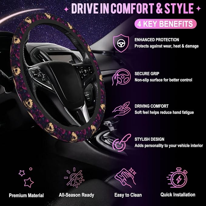Gothic Skull and Rose Steering Wheel Cover for Women Men Neoprene Breathable Wheel Cover Protector Anti-Slip Car Accessories Universal 15 Inch Fit for Cars Trucks Vehicles