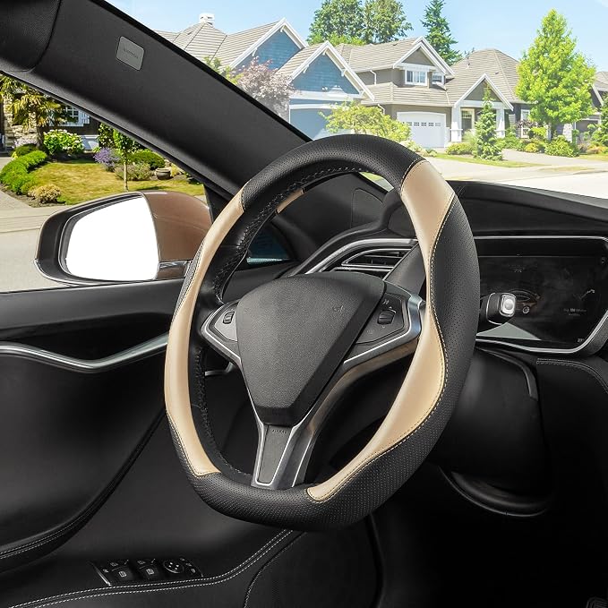 D Shaped Steering Wheel Cover, Flat Bottom Car Wheel Cover 14 1/2-15 in. (37-39 cm), Black and Beige Microfiber Leather