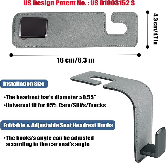 Car Seat Back Hook Universal Auto Storage Hanger Suede with Metal Car Seat Organizer for Handbag Purse Coat Umbrellas Grocery Bags 2 Pack Light Gray