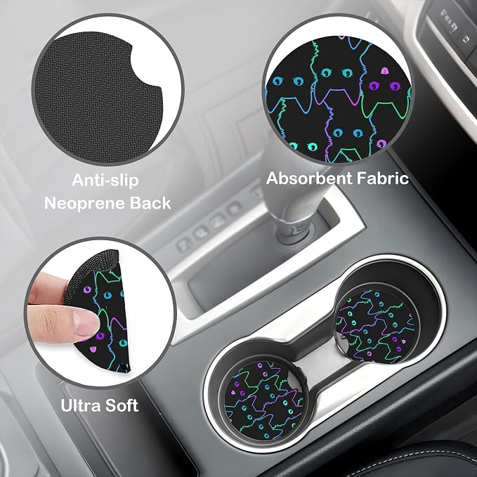 Neon Light Cat Steering Wheel Cover with 2 Pcs Car Coasters Neoprene Steering Wheel Cover for Women Men Anti-Slip Breathable Car Accessories Universal 15 Inch Fit Auto Cars Trucks